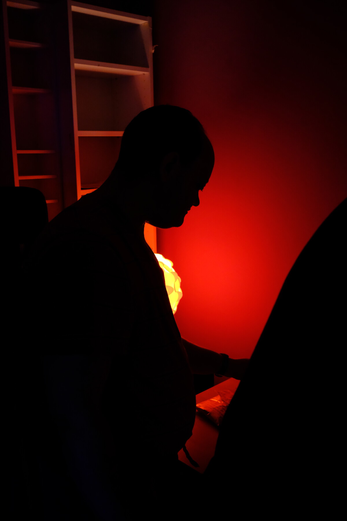 A silhouetted figure reading or looking down at something, backlit by a deep red wall, in Rob&rsquo;s apartment.