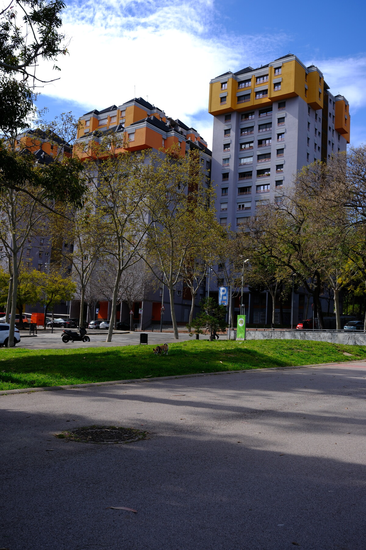 A Barcelona park on an overcast spring day with budding trees, green lawn, and a colorful apartment tower with orange and yellow balconies in the background.