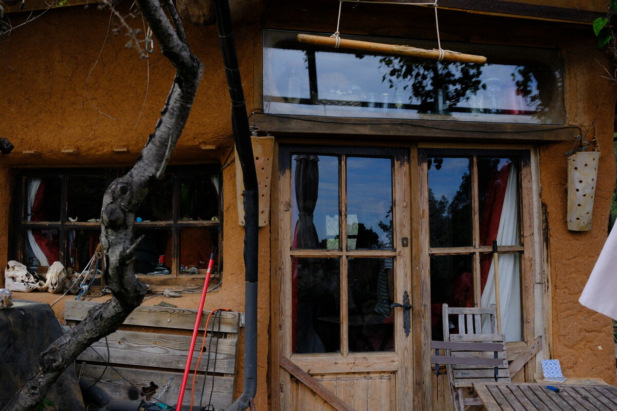 A rustic wooden door and glass-paned window set into a cob building, with a gnarled bare tree, an insect hotel, and a broom beside the entrance.