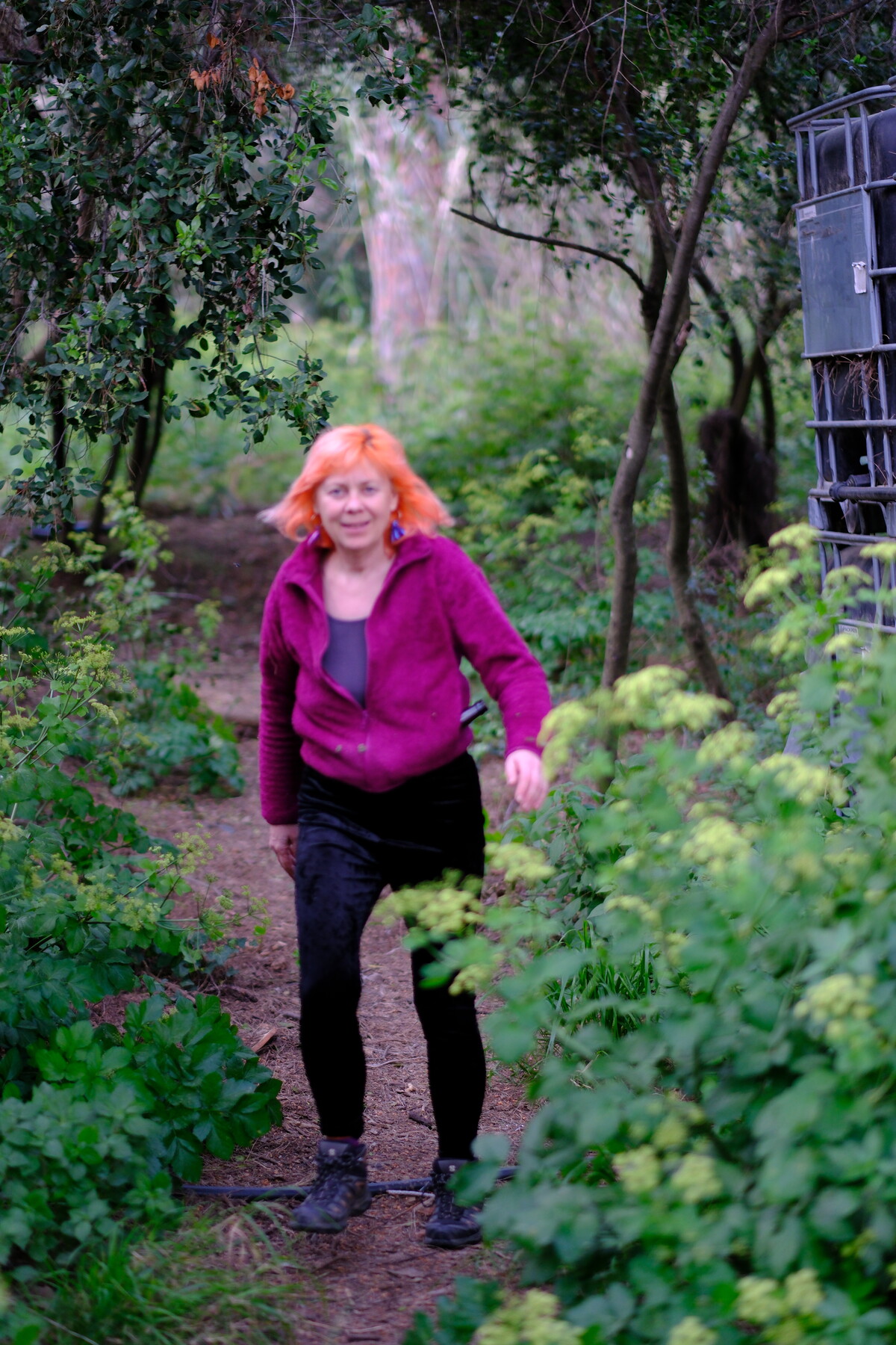 Kirsten walking toward the camera on a garden path, wearing a magenta jacket over a dark top, her orange hair bright against the green foliage, smiling warmly.