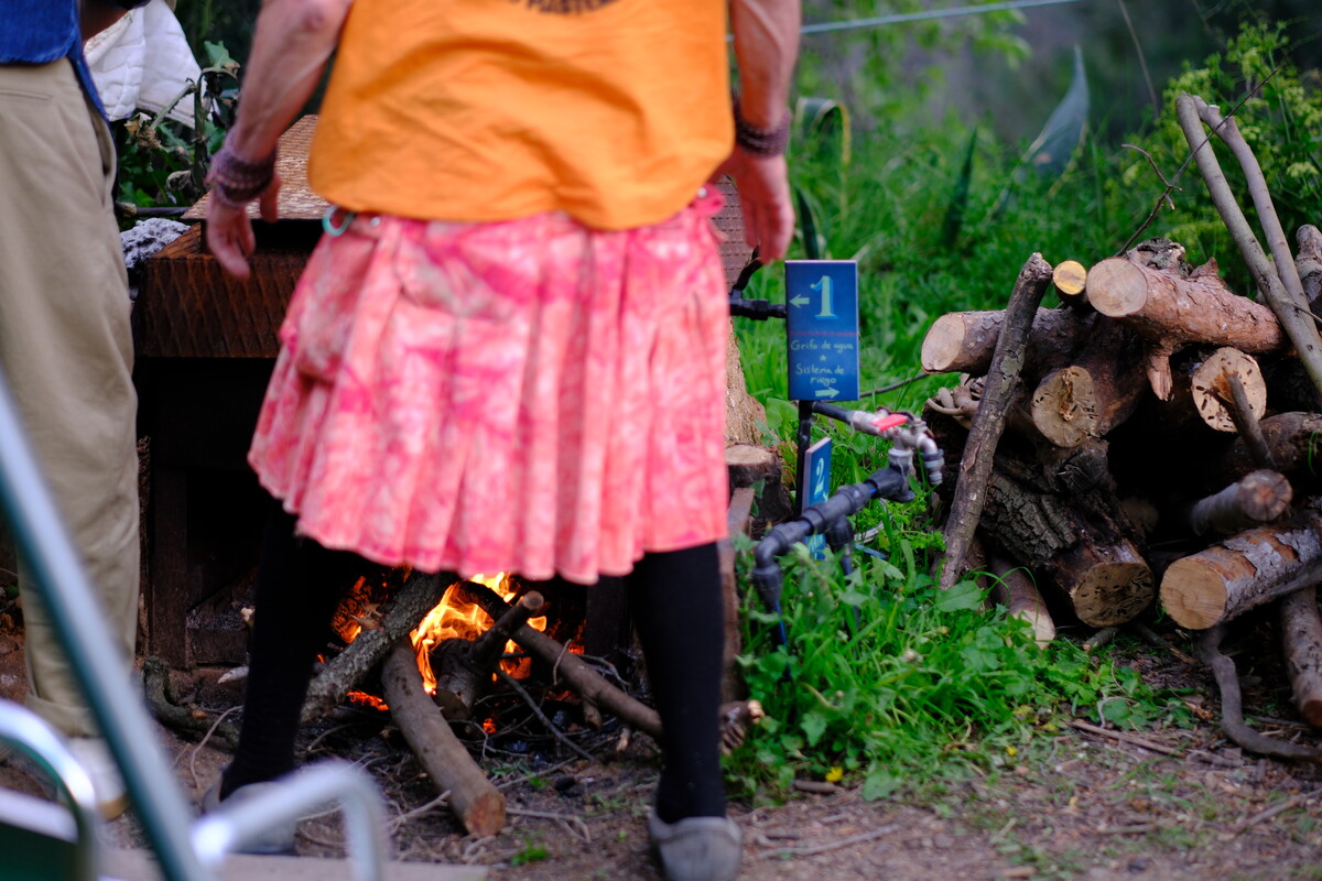A campfire burning in a ring of stones, a woodpile stacked beside it, someone in an orange shirt and pink skirt standing close. Green garden surrounds them.