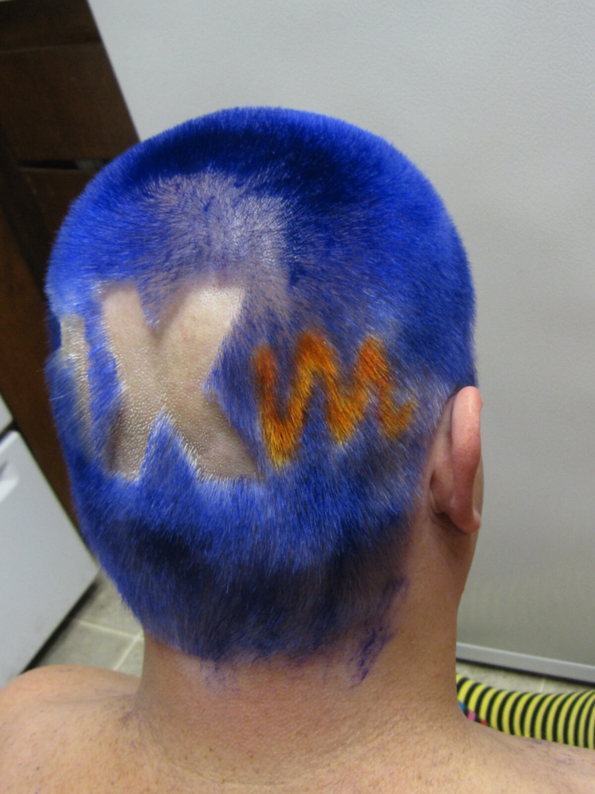 Back of Rob's head dyed deep royal blue with 'MXM' letters stenciled in: first M and X shaved to skin, second M in orange. A striped sock visible at the bottom edge.