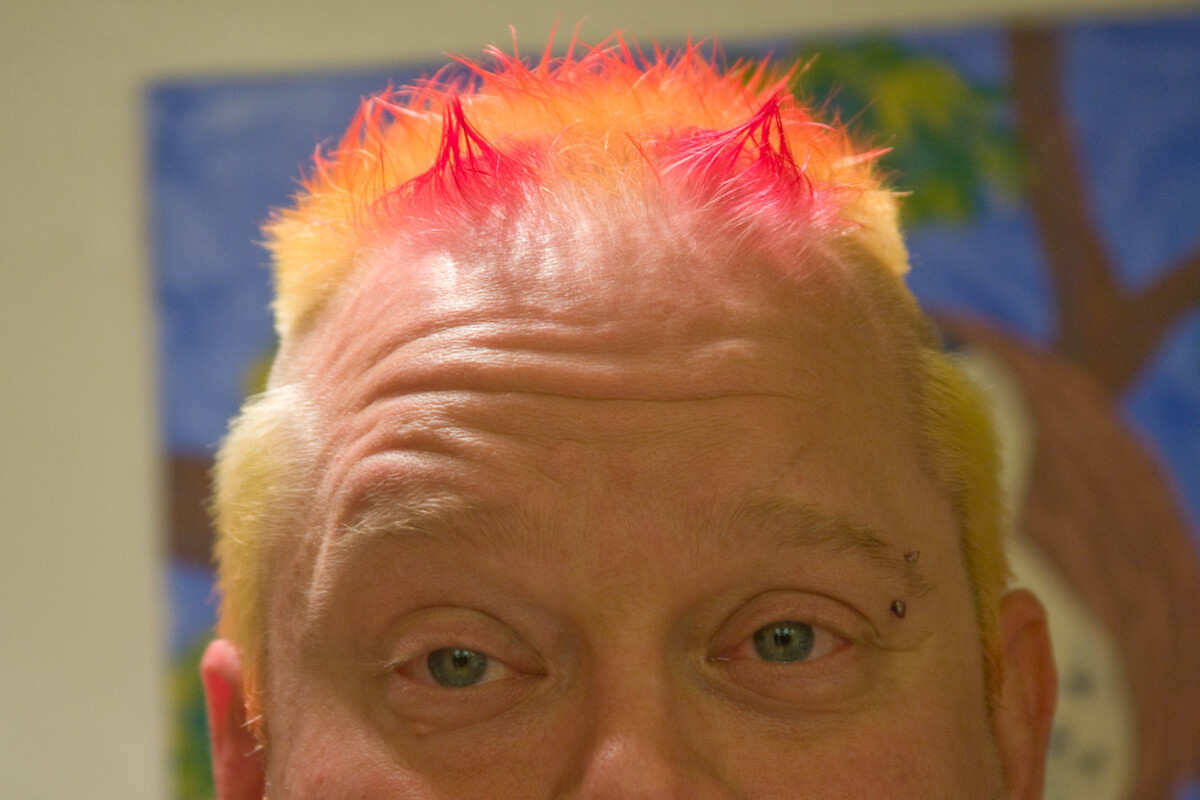 Close-up of Rob's forehead and eyes showing two flame-colored horn-shaped tufts of hair rising from his crown, pink-to-orange gradient, against a bleached blonde scalp. A child's tree painting on the wall behind. Bridge piercing visible.