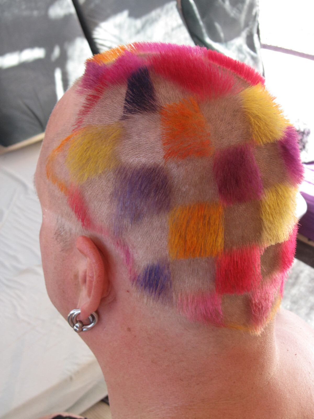 Side view of Rob's head with a patchwork checkerboard pattern: squares of hot pink, orange, purple, and yellow dyed into short buzzed hair. Silver hoop earring visible.