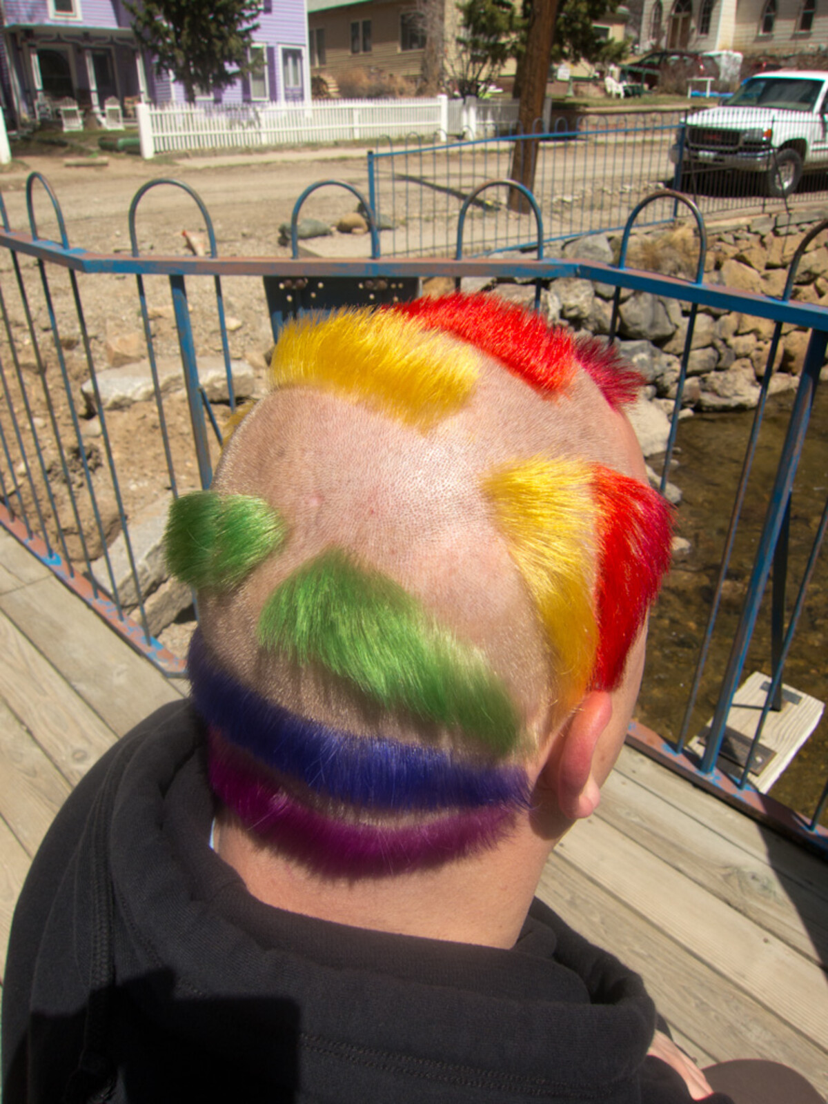 Back of Rob's head showing six distinct rainbow-colored hair sections &mdash; red, yellow, green, blue-purple &mdash; in organic swirling shapes on buzzed scalp, with a purple band at the nape.