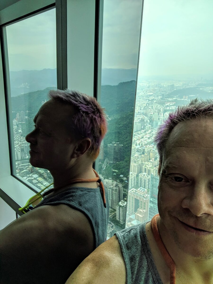 Rob with purple-tinted hair taking a selfie at the Taipei 101 observation deck, his face visible alongside his reflection in the glass, the vast aerial panorama of Taipei and green mountains stretching behind.