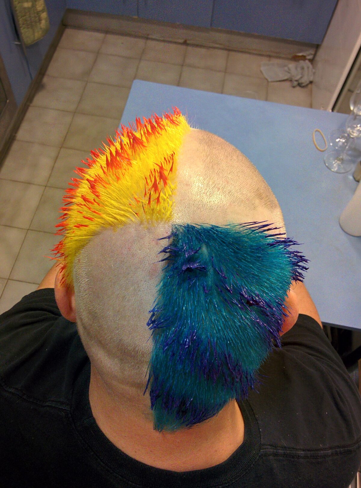 Top-down view of Rob's head with a split mohawk: bright yellow and orange-red spikes at the front, teal and deep purple-blue spikes at the back, shaved sides. Kitchen counter visible below.
