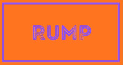 Orange graphic with the word RUMP in large purple block letters, framed by a purple border — Kirsten's design for a garden plaque celebrating Rob's vocabulary